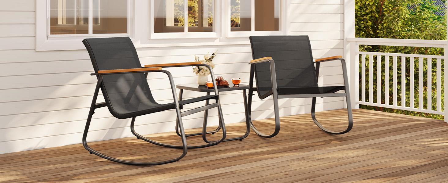 Gizoon 3 Piece Rocking Bistro Set, Textilene Fabric Patio Furniture Set, Front Porch Rocker Chairs with Coffee Table for Lawn, Garden, Balcony, Poolside (Black) Gizoon 3 Piece Rocking Bistro Set, Textilene Fabric Patio Furniture Set, Front Porch Rocker Chairs with Coffee Table for Lawn, Garden, Balcony, Poolside (Black)