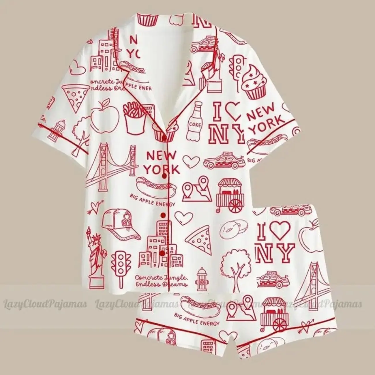 New York City Icons Satin Pajama Set, Big Apple Doodle Sleepwear, Women's Holiday PJs, All-over Print Kid and Youth Satin Short-Sleeve Pajamas Set