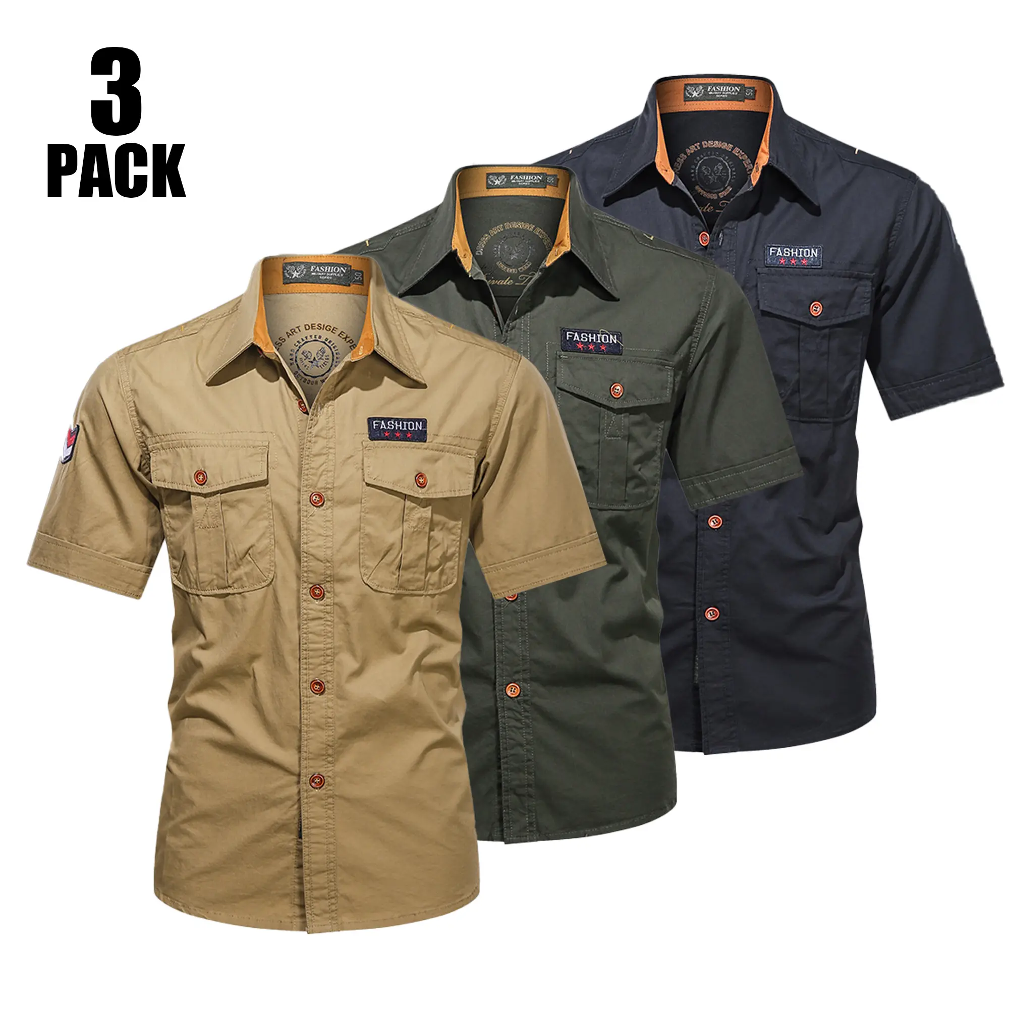 3-Pack Men’s Short-Sleeve Work Shirts – Vintage Military Style, Two Pockets, Breathable & Durable, Versatile for Commuting and Outdoor Activities