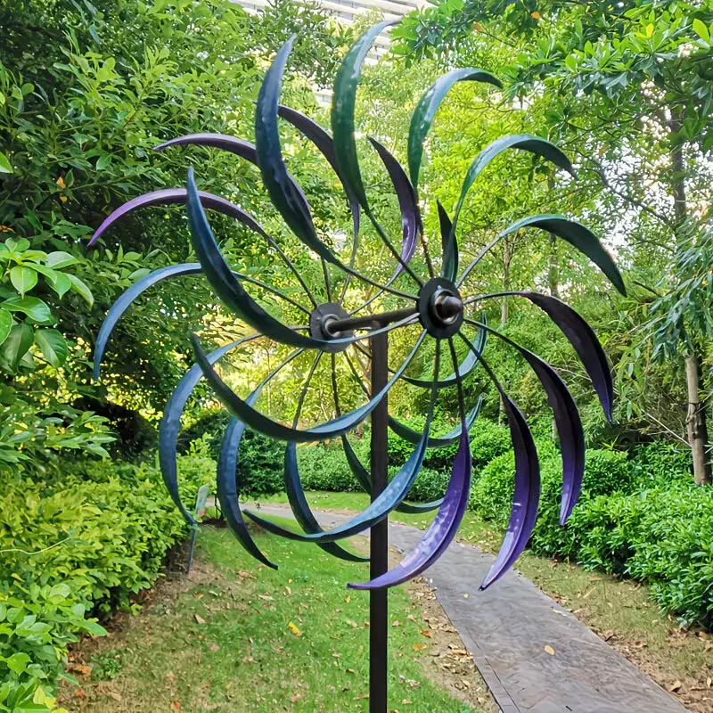 Big Metallic Wind Spinner, Vibrant 360° Rotating Kinetic Garden Art, Dual-Blade Style, Ornamental Lawn Windmill Sculpture, Outdoor Yard Decoration, No Batteries Required Wind Chimes