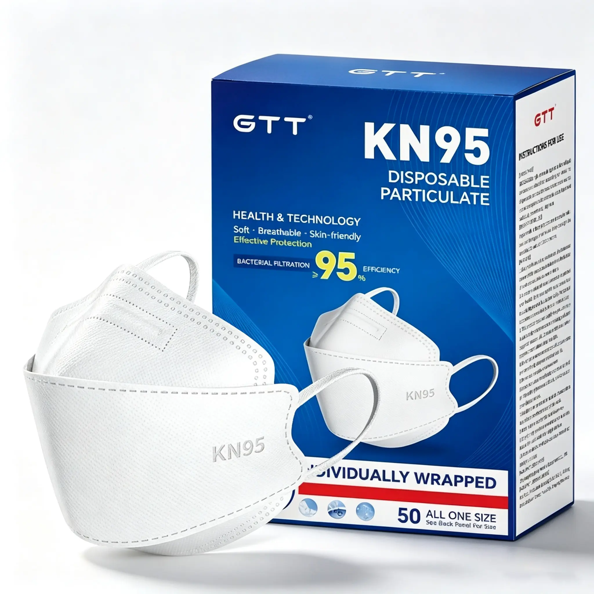 GTT KN95 Disposable Non-Woven Face Masks for Adults, 5-Ply Fish-Shape, 50 Pcs Individual Wrap in Compact Storage Box, 95% Bacteria-Filtering Healthcare Respirators, Flexible Breathable Comfortable for Long-Hour Wear, Daily Use, Construction Work