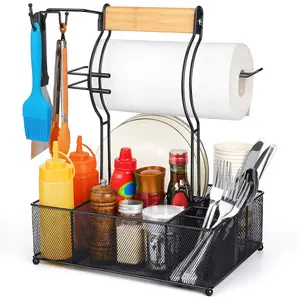 Grill Caddy, BBQ Caddy with Paper Towel Holder, Picnic Condiment Utensil Caddy for Outdoor Camping, Barbecue Accessories Storage Organizer for Griddle Grilling Tools, RV Patio Camper Must-Have