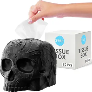 DEATH DECOR Skull Tissue Box Cover Modern Gothic Holder for Countertop Fits Most Square Tissue Boxes Unique Bathroom Decorations