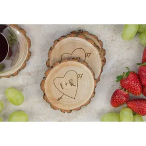 Rustic Tree Slice Coaster Set -  Initials in Heart with Arrow, Personalized