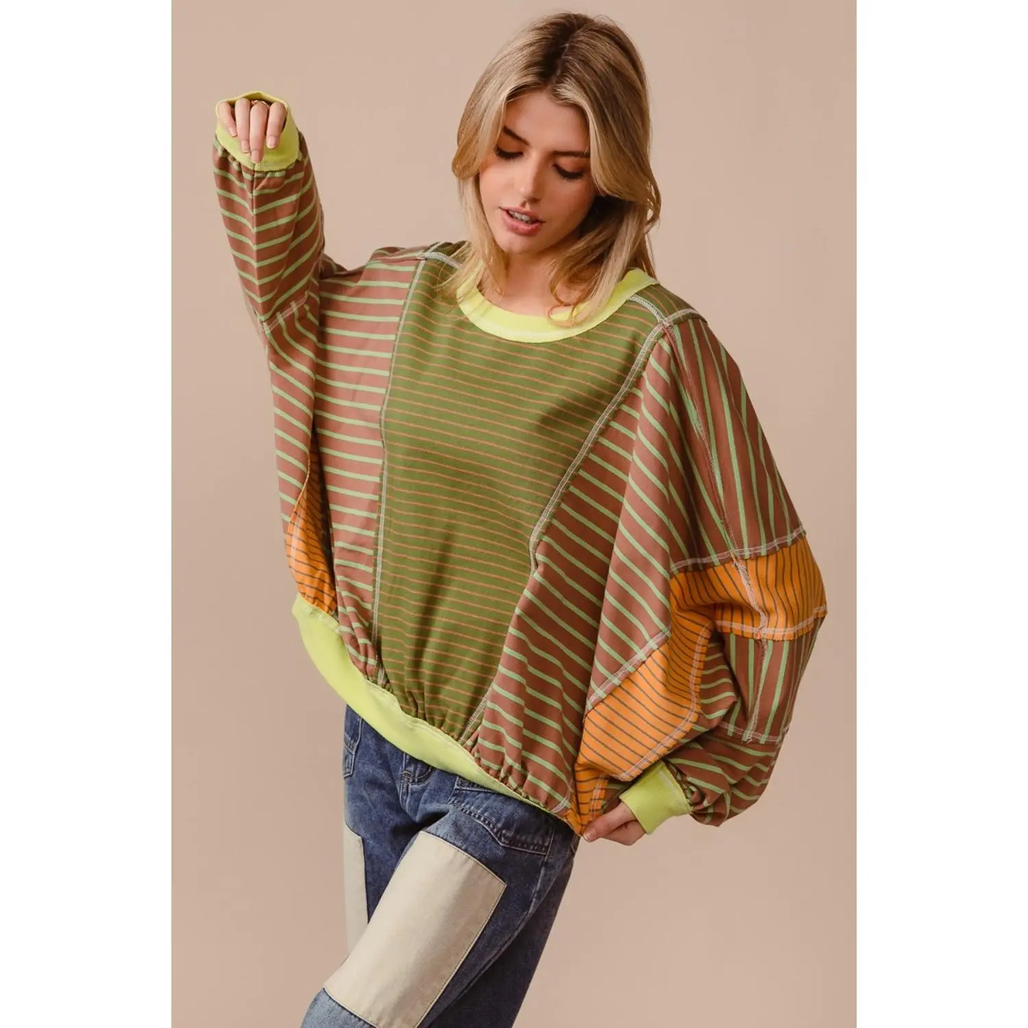 BiBi Color Block Striped Round Neck Sweatshirt