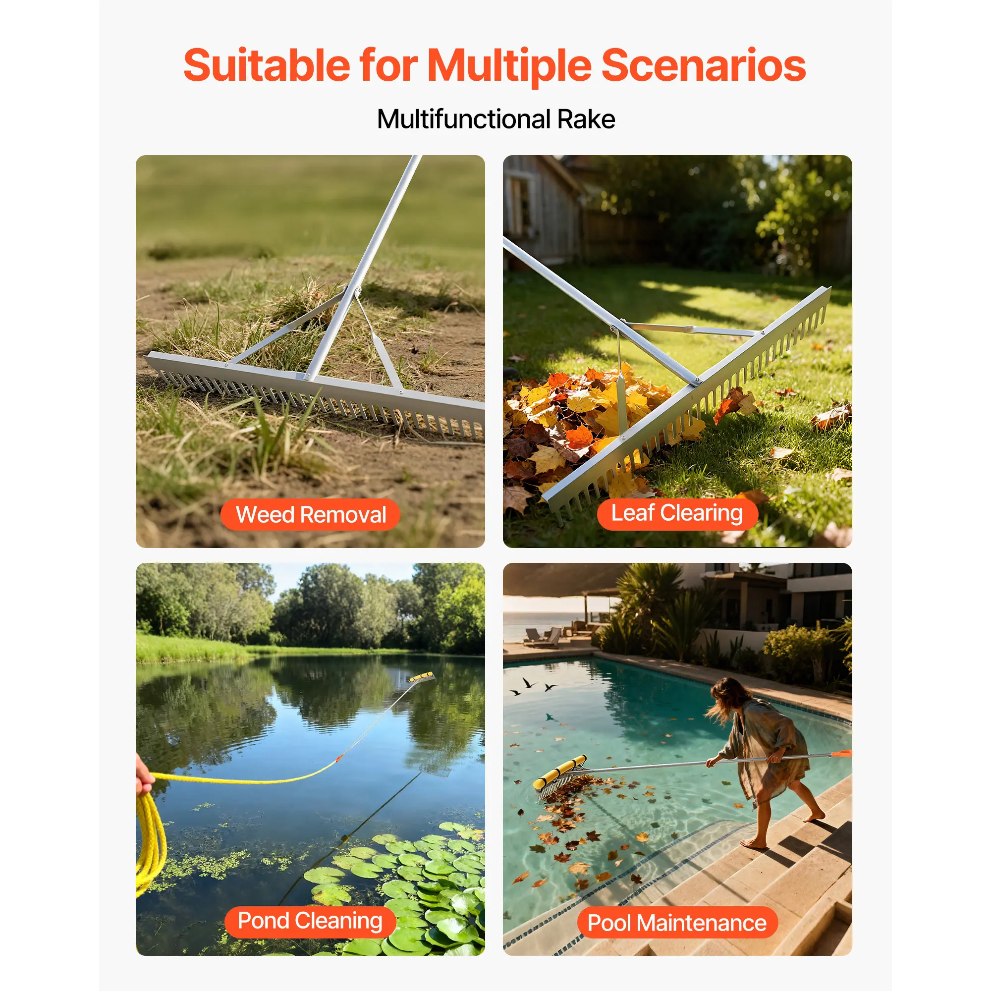 36 Inch Wide Aluminum Landscape Rake with 133 Inch Adjustable 4-Section Handle, Heavy Duty Multi-Purpose Leaf Rake for Lawn Gravel Pond Beach Asphalt Leveling, Equipped with 52FT Long Rope