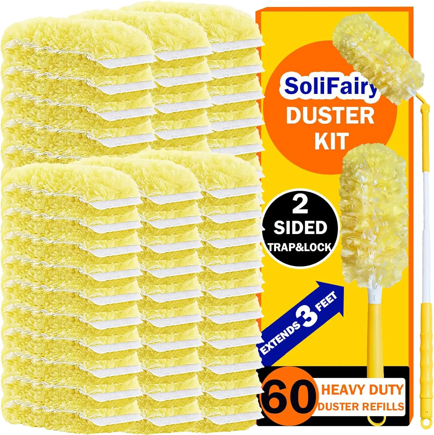 60 Heavy Duty Swiffer Duster Refills, Large Yellow, 2-Sided Thick, 3ft Handle & Short Handle, Multi-Surface 360° Dusting Kit for Furniture, Fans, Blinds, Corners