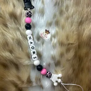 Custom Name Clips and Keychains with Pink Black White Beads and Crown Charm for Personalized Accessories