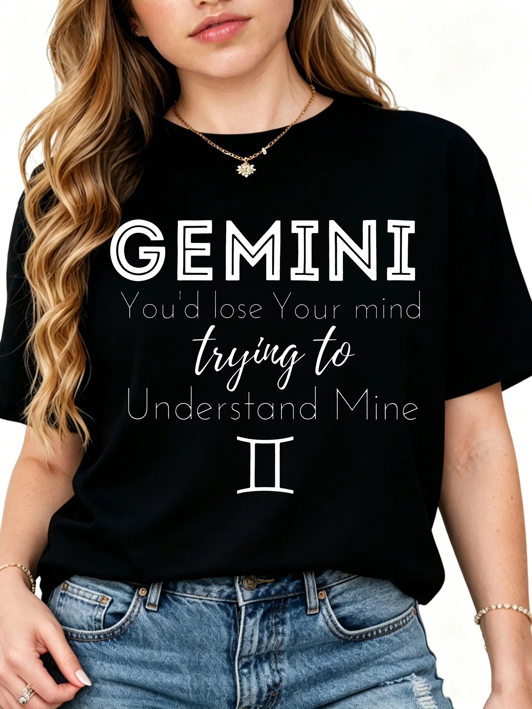 Womens Gemini Zodiac Graphic T-Shirt - Youd Lose Trying to Understand Mine Casual Round Neck Tee, Medium Stretch, Machine Washable Springsummer Black Top with Bold White Lettering, Ladies T Shirt