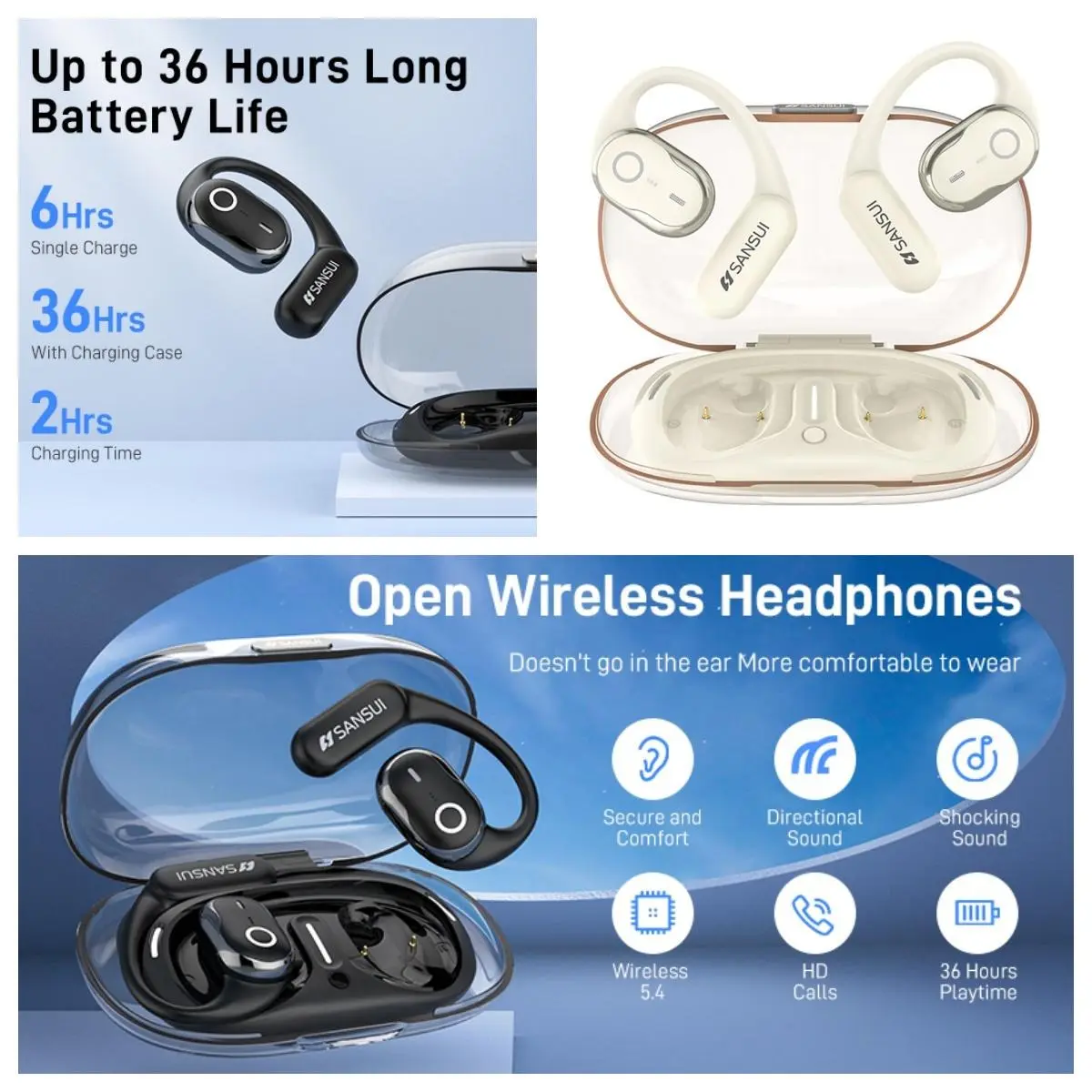 Sansui W26 Bone Conduction Wireless Earbuds  , Hi-Fi Audio, Dual Mic, Long Battery Life, Perfect for Workouts & Outdoor Activities hifi stereo headset