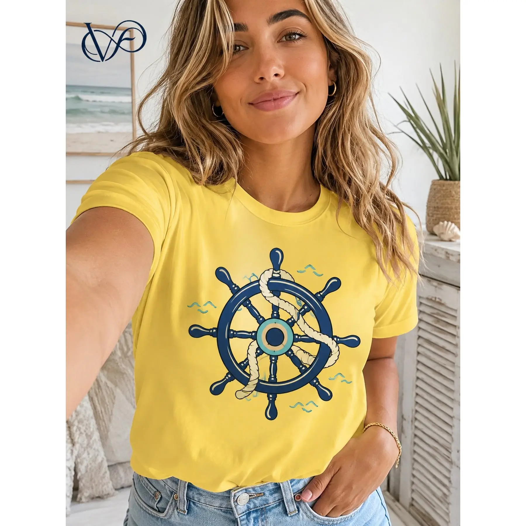 Women's Short-Sleeve Round-Neck Nautical Graphic Shirt - Bright Yellow Boat Wheel, Nautical Rope, Anchor Print, Casual Fit, Summer Vacation Beach Style Vibe Wave Apparel, Ship Wheel Graphic, Yellow Graphic Women's T-Shirts