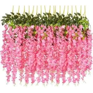 Artificial Fake Wisteria Vine Ratta Hanging Garland Silk Flowers String Party Home Wedding Decor, 3.75 Feet/Piece,Pink