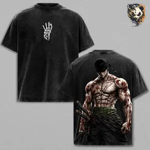 Zoro Anime Washed Tee – One Piece Vintage Manga T-Shirt, Cool Japanese Anime Graphic Shirt, Oversized Streetwear Trendy Otaku Gift, Aesthetic Shonen Anime Tee