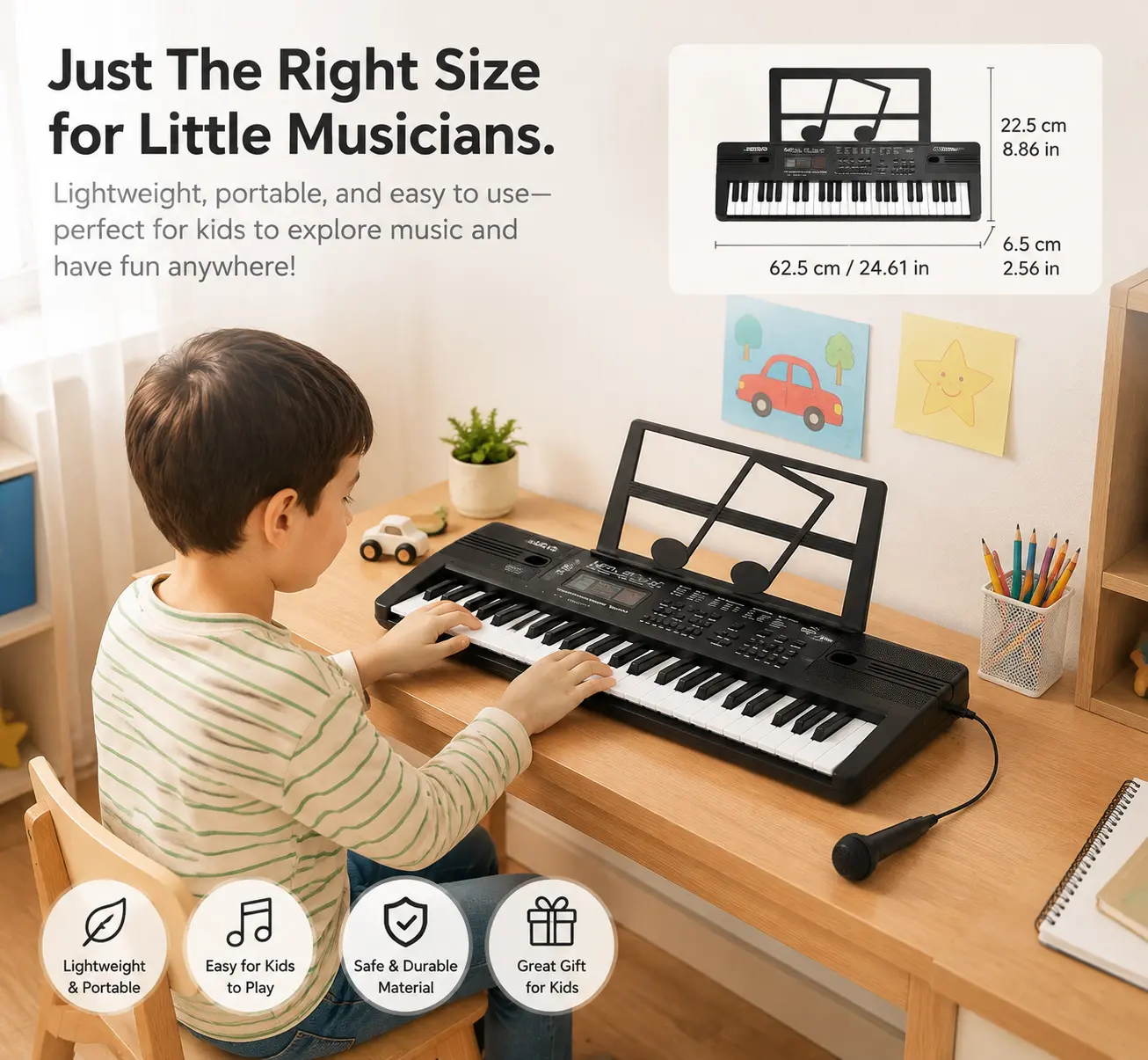 61-Key Portable Electronic Keyboard - USB Powered Piano with Microphone, Sheet Music, Key Note Stickers, Full Size Keys, Record Function, Multiple Tones, for Adult Beginners Home Studio, Multi-Color Options