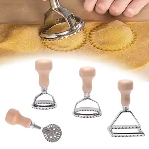 4 Pcs Ravioli Stamp Maker Cutter with Roller Wheel Set, Mold with Wooden Handle and Fluted Edge, Pasta Press Kitchen Attachment