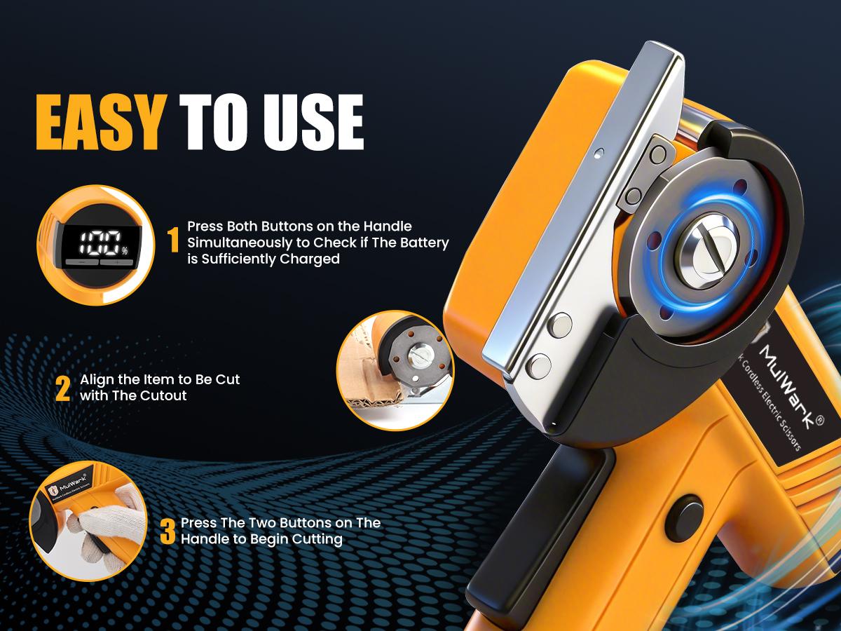 Mulwark Cardboard Cutter Electric, 4.2V Electric Scissors Cordless LED Display an LED Light, Includes 2 Spare Blades, Professional Electric Box Cutter for Cardboard, Carpet, Plastic, Leather, Packaging, Portable Cutting Tool, Yellow with Storage Bag