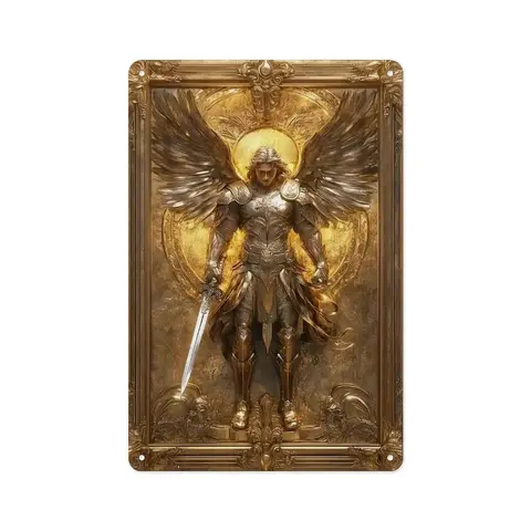 1pc Archangel Michael Golden Wing Metallic Tin Sign - 8x12in Vintage Bold 2D Art Decor, Pre-Drilled Hangable Holes, Gold Metallic Accent Speciality Plaques & Signs, Cordless Angel Wing Backdrop, Ideal for Home Decor