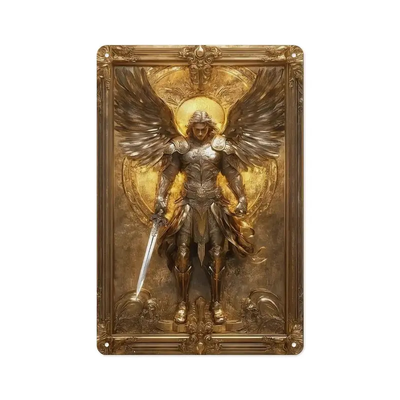 1pc Archangel Michael Golden Wing Metallic Tin Sign - 8x12in Vintage Bold 2D Art Decor, Pre-Drilled Hangable Holes, Gold Metallic Accent Speciality Plaques & Signs, Cordless Angel Wing Backdrop, Ideal for Home Decor
