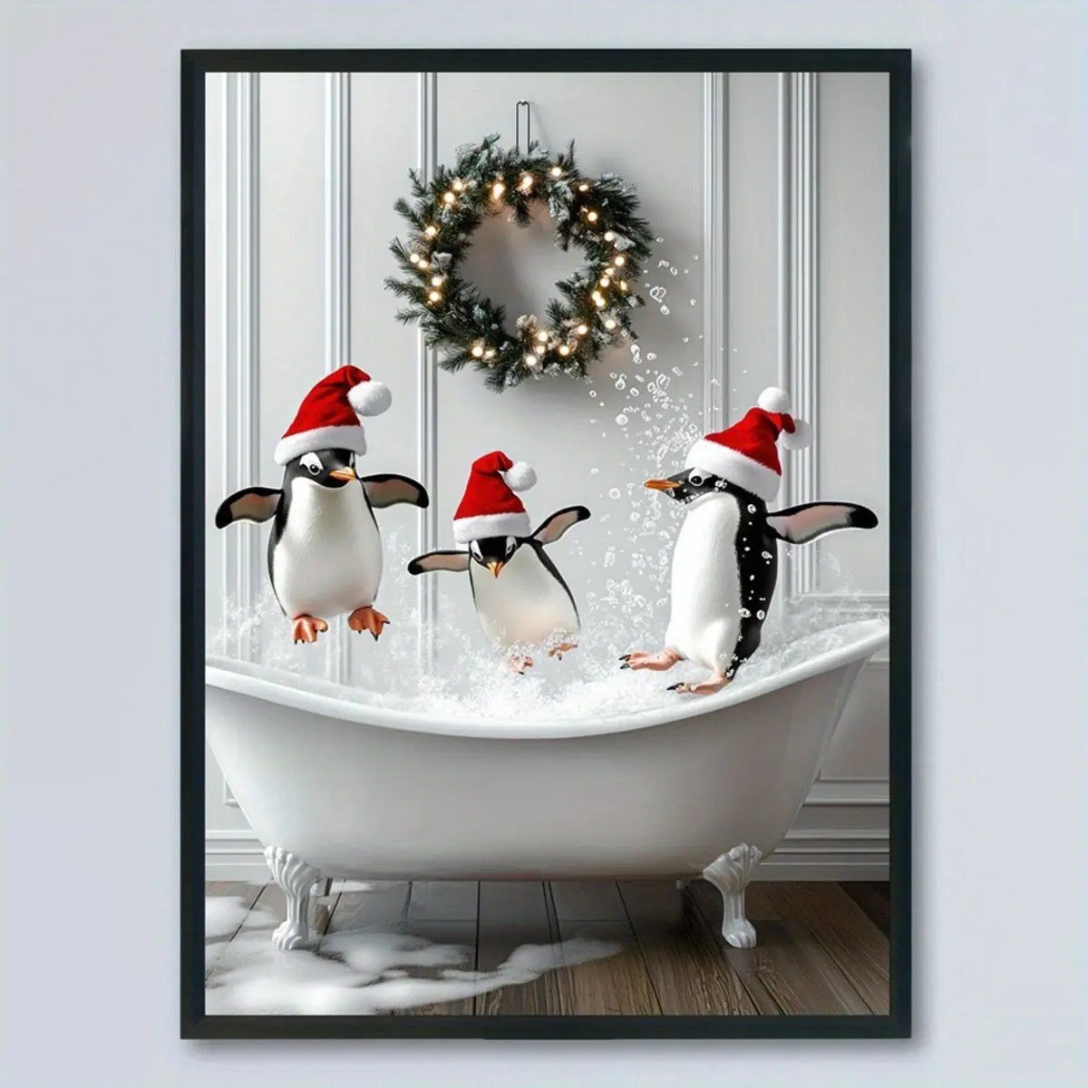 Cartoon Penguin Christmas Humor Canvas Poster - Santa Hat Animal Frameless Art Deco Room Decor - Indoor Wall Art Painting for Home Office - Perfect Christmas Gift, Living Room, Cartoon Character, Unframed