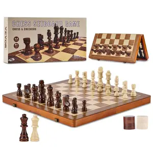 Magnetic Wooden Chess Set 15 in. 2-in-1 Chess Checkers Game Set Folding Chess Board Games for Adults Kids