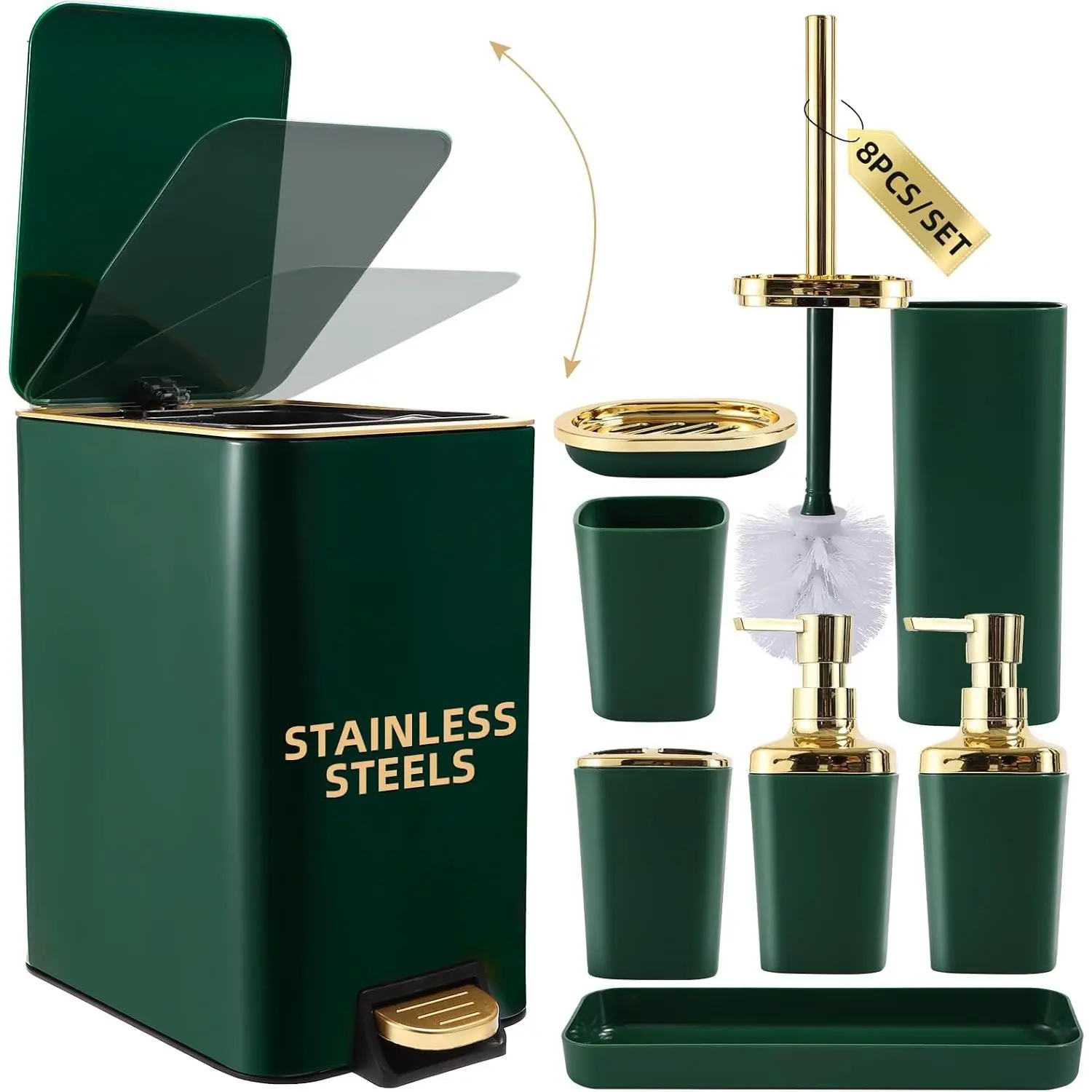 Bathroom Set Bathroom Accessories Set 8 count Green and  Bathroom Set, Bathroom Sets with Stainless Steel Trash Can,Toilet Brush, Set,Soap Dispenser