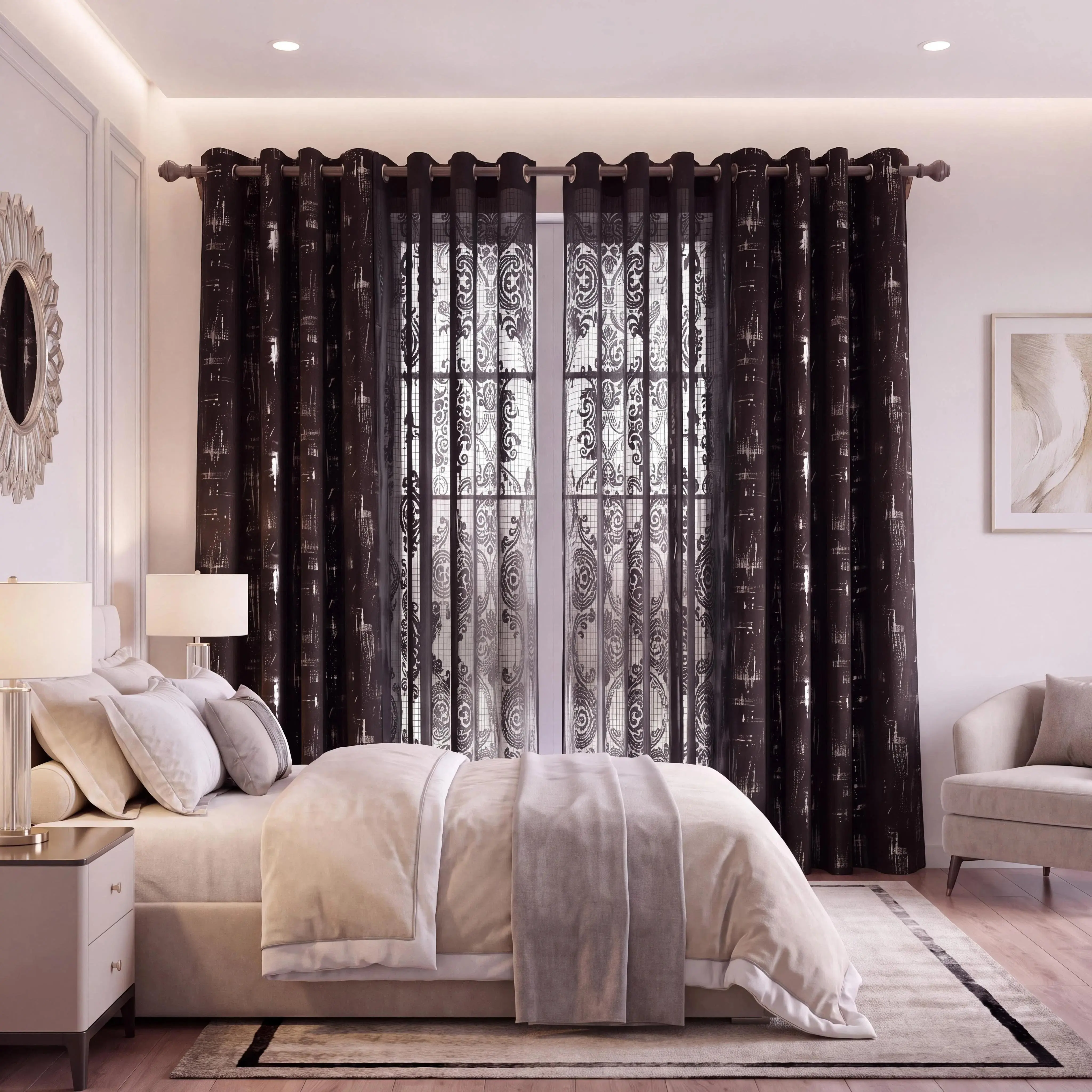 4-Panel Set 52"x84" Grommet Blackout & Sheer Curtain Combo, 2 Metallic Silver Foil Geometric Blackout + 2 Flocked Velvet Damask Light Filtering Sheer Panels, Modern Luxury Privacy Drapes for Living Room Bedroom, QF639 GRH5, Black Friday Holiday Home Deals