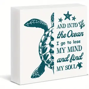 Sea Turtle Sign Decor Summer Coastal and Into the Ocean Wood Block Sign Home Office Bathroom Decorations Table Desk Shelf Decoration Signage 5x5 inch
