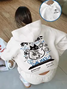 Women's Fashion Loose Fit Hooded Sweatshirt Tops, Autumn Winter Design, Letter Cat Print, Casual Style, Perfect for Everyday Wear Womenswear