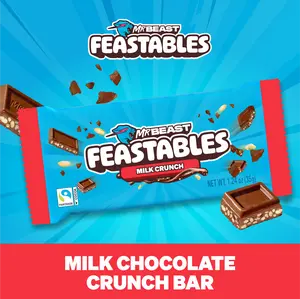 Feastabes by MrBeast - Milk Crunch Chocolate Bar - For Adults & Kids, Chocolate, Candy, Cocoa Sweet & Crunchy Snack, Fairtrade Certified, Kosher, Perfect for Gifting or Snacking