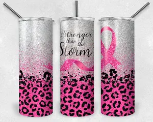 Breast Cancer Awareness Cup Stronger Than the Storm 20 oz Skinny Stainless Steel Tumbler with Lid & Straw Pink Leopard Print Reusable Water Bottle Insulated Breast Cancer Mug for Coffee & Tea