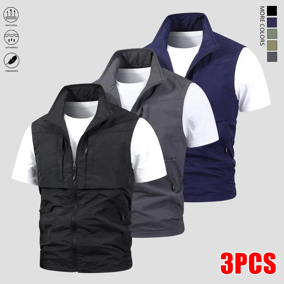 Men’s casual outdoor hiking set for summer — sleeveless mesh breathable vest suitable for spring/autumn and fishing activities.