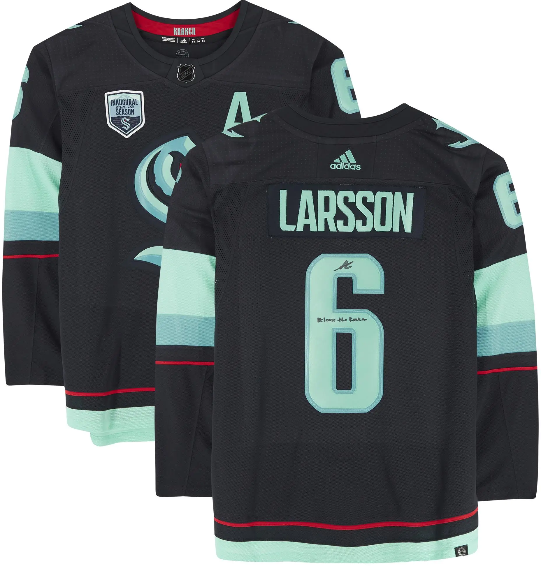 Adam Larsson Seattle Kraken Autographed Navy Adidas Authentic Jersey with "Release The Kraken" Inscription and Inaugural Season Jersey Patch - Fanatics Authentic Certified