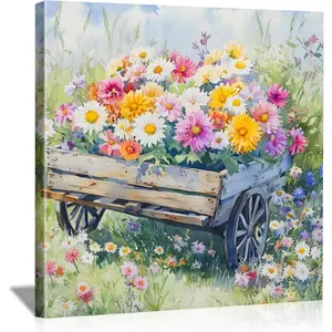 LJXDUBAF Vintage Floral Canvas Wall Art,Rustic Meadow with Flowers Landscape Framed Poster, Farmhouse Style Artwork for Living Room Bedroom Bathroom Kitchen Decor