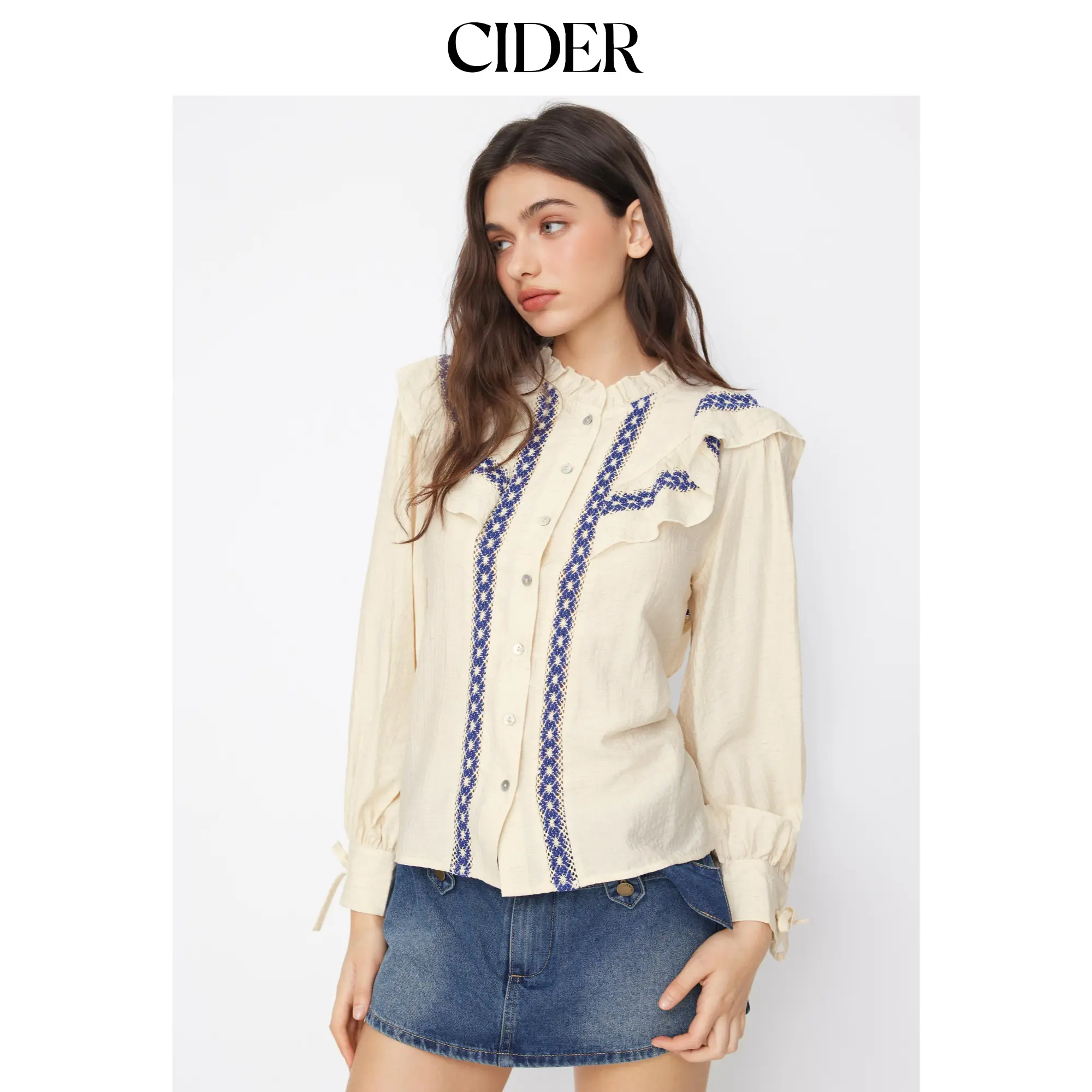 Cider Women's Loose-Fitting Plain Collared Neck Linen-Rayon-Polyamide Blend Long Sleeve Embroidered Button-Up Blouse with Ruffle Trim, Knotted Hem, Clothes
