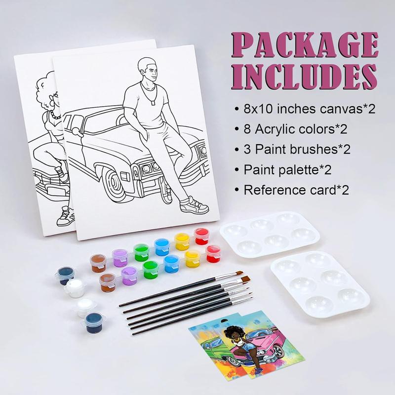 Couples Painting Kit Date Night Afro Couples with Cool  Sip and  Kit for Adults Pre Drawn Canvas for Painting for Adult Love Pre Drawn Stretched Canvas Kit Art Set 2 Pack 8"x10"