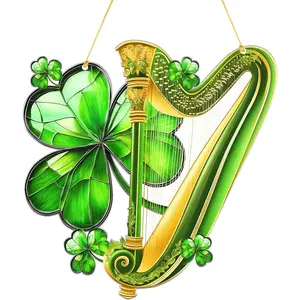 Irish Harp and Shamrock 2D Flat   Ornament, Green  Celtic  Inspired Window or Wall Decor, Lucky Clover Holiday Decoration for  Seasonal Display  Idea