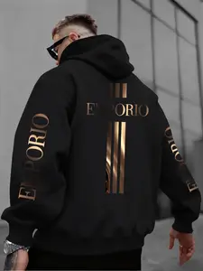 "Emporio" Metallic Gold Graphic Oversized Hoodie | Black Streetwear Hoodie with Luxury Logo Print | Trendy Outfit for Urban Fashion Enthusiasts | Comfortable & Stylish