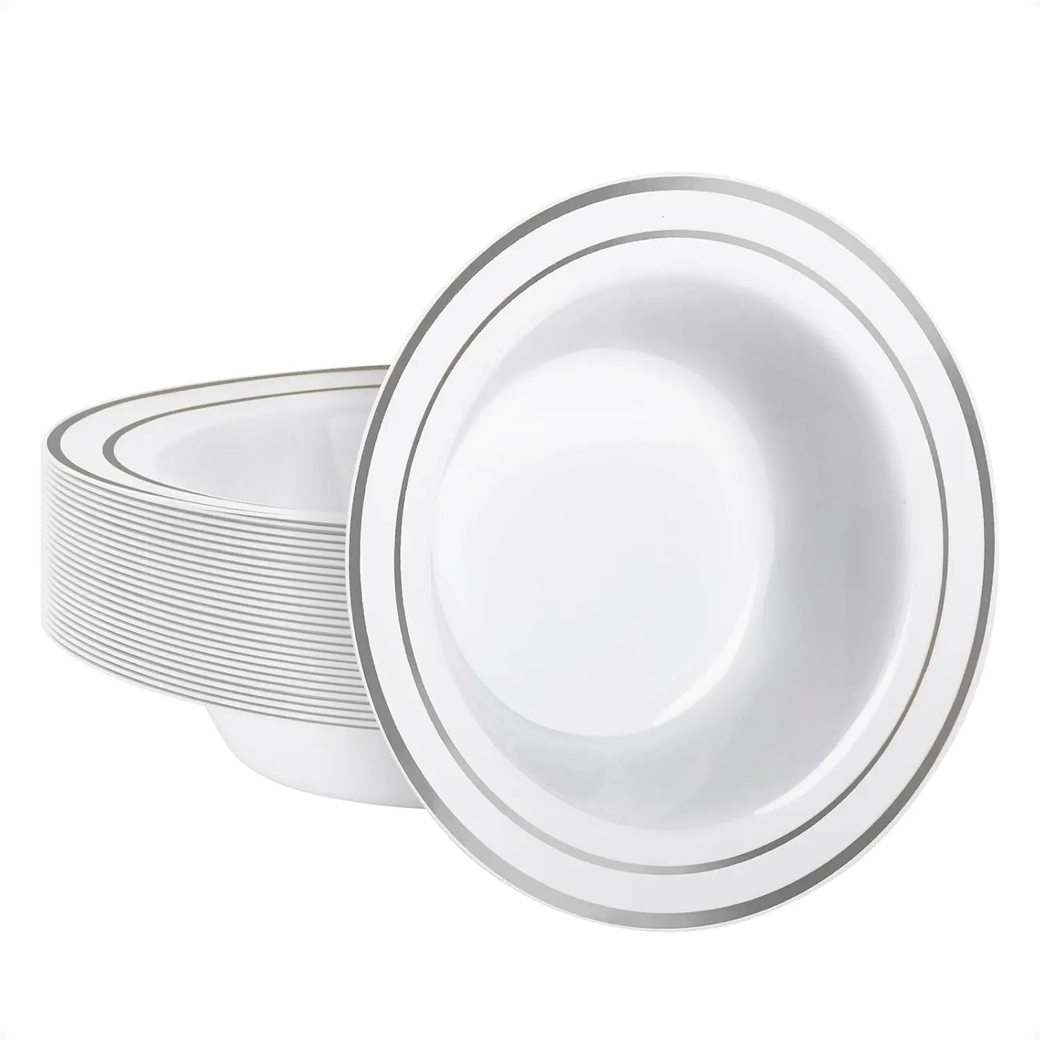Goodluck 25 Pack Plastic Bowls with Silver Rim, 12oz Disposable Soup Bowls for Weddings, Parties, Dinners, Catering, and Everyday Use | 12oz Disposable Soup Bowls for Weddings, Parties, Dinners, Catering, and Everyday Use