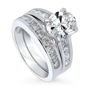 BERRICLE Sterling Silver Solitaire Engagement Rings Statement Stackable Band for Women, 2.5 Carat Oval Cut Cubic Zirconia CZ Ring Set