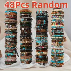 48-Piece Bohemian Retro Style Handmade Beaded Bracelet Set | Multi-Layer Elastic Cord, with Coconut Shell & Wood Bead Design, Paired with Ox Head, Leaf & Other Multiple Pendant Accessories | Suitable for Daily Wear, Perfect Gift Set for Family, Frien