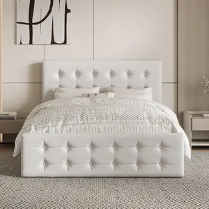 Gaomon Queen Size Bed Frame - Linen Upholstered Platform Bed with 4 Storage Drawers, Button Tufted Headboard, Wooden Slats Support, No Box Spring Needed, White, Queen Sized Bed Frame