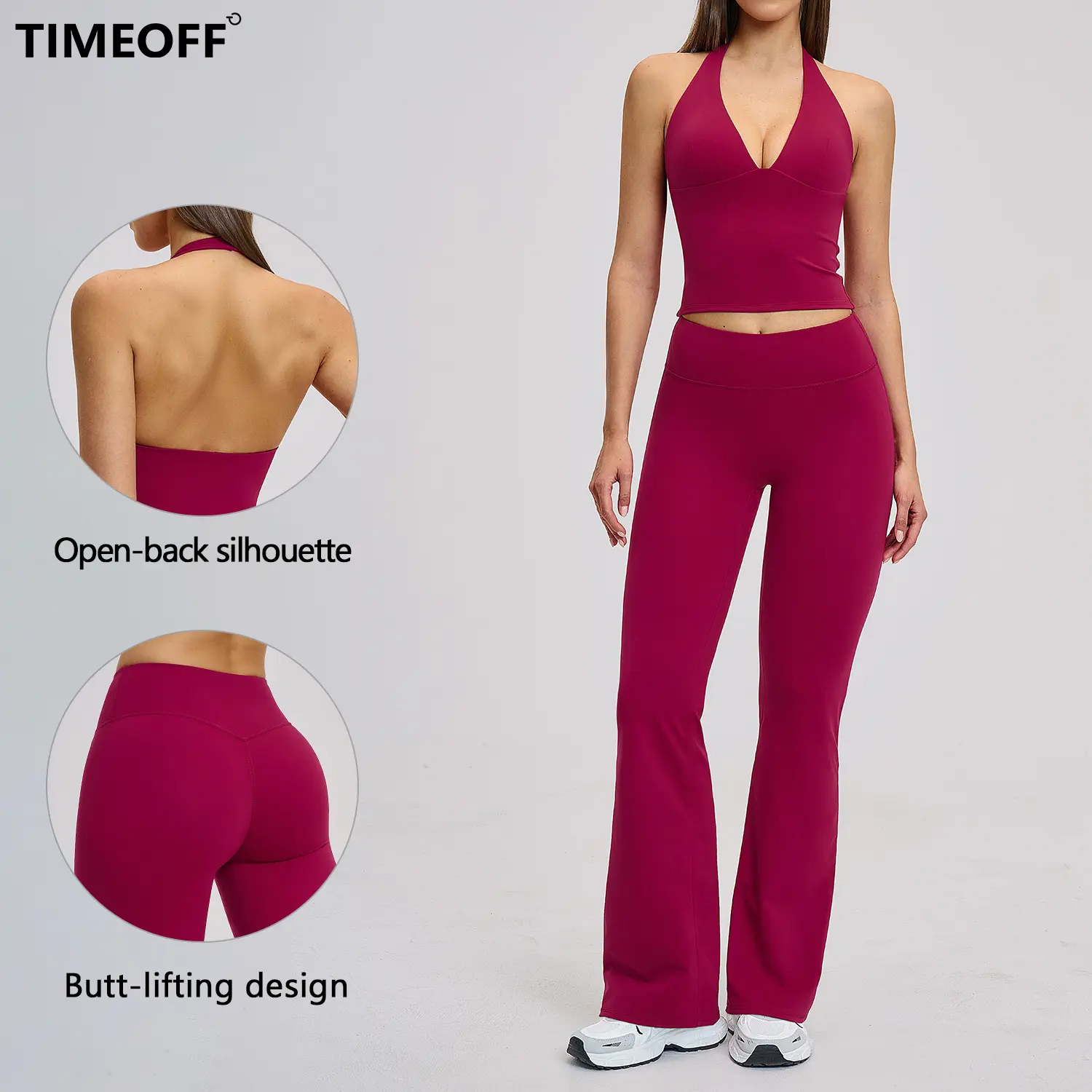 TIMEOFF Women's 2-Piece Halter Open-Back Gym Workout Set - V-Neck Crop Top, Butt-Lifting Flare Leggings, 4-Way Stretch, Tummy Control, Non-Ride-Up | Ideal for Yoga, Gym, Casual Wear, Gym Workout Women