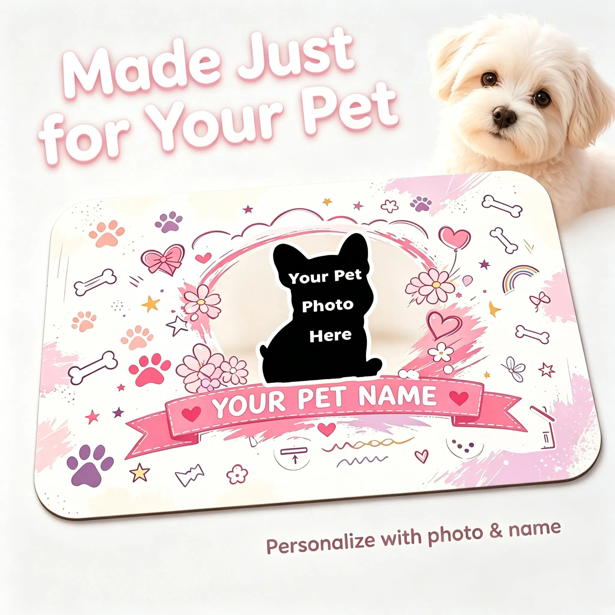 Personalized Custom Pet Feeding Mat with Photo & Name — Send Pet Picture & Name via Message, Absorbent Non-Slip Rubber Back Quick Dry Diatomite Dog Cat Food Water Bowl Mat, Floor Protection Pet Placemat, 3 Sizes -- raised kitten bottle