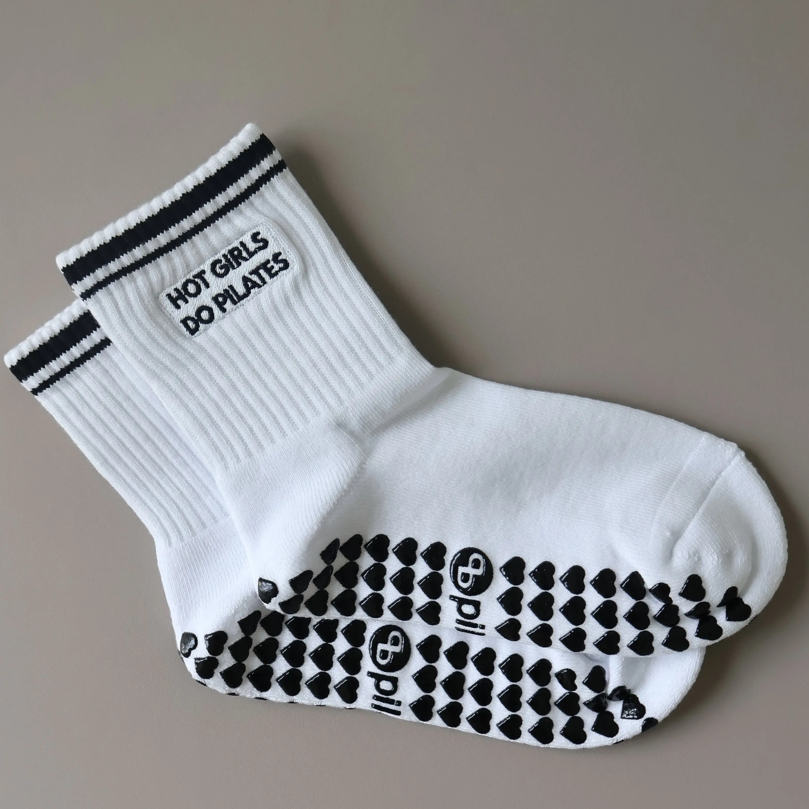 Hot Girls Do Pilates Socks White/Black with Non-Slip Grip & Durable Cotton Material for Workout Comfort. Pila Barre  Socks