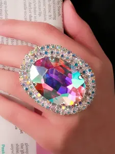 Trendy Colorful Oversized Oval Ring with Rhinestones, Exquisite Trendy Ring, Unique Geometric Finger Ring for Women, Stylish Street Photography Accessory, Trendy Jewellery Accessories