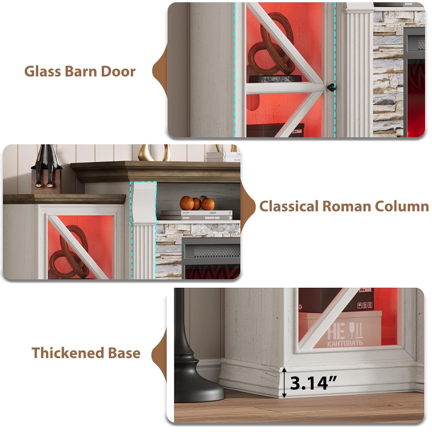 Electric Fireplace TV Stand, 70" Farmhouse Entertainment Center with Open Shelf and Glass Barn Door Cabniet, Modern, Customized