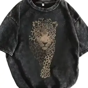 Men's Fashion Leopard Print Vintage Washed 220g Heavy Cotton T-Shirt - Crew Neck, Short Sleeve, Retro Streetwear, Loose Fit, Machine Washable, Casual Tops for Spring, Summer
