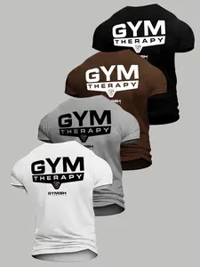 Men's Gym Therapy Letter Print T-Shirt Set, High Elastic Quick-Dry Breathable Fabric, Casual Short Sleeve athletic workout clothing Fitness Tee Gym Tees for All Seasons
