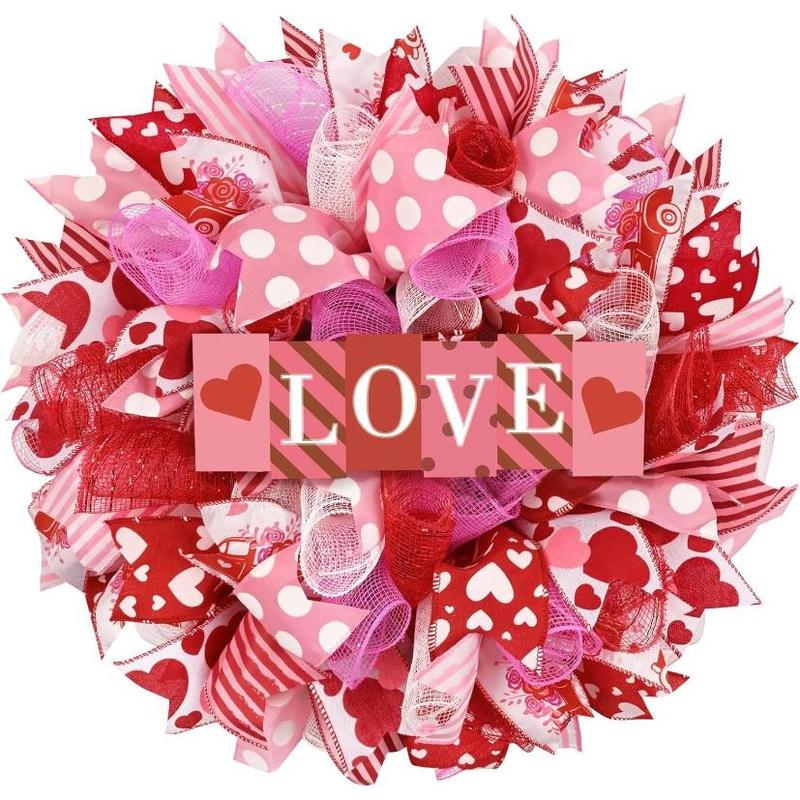 Waipfaru 17 Inch Valentines Day Mesh Wreath,Valentines Wreaths for Front Door with Love Wooden Sign Fishnet Yarn, Valentines Day Wedding Decorations for Indoor and Outdoor