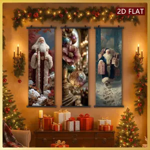 3pcs Style Christmas-Themed Interior Scene Illustration Christmas Decorative Painting Plastic Scroll High Definition High Quality Printing Odorless Fade Resistant Ink Artwork Holiday Ornament Santa Claus Theme Christmas Decoration